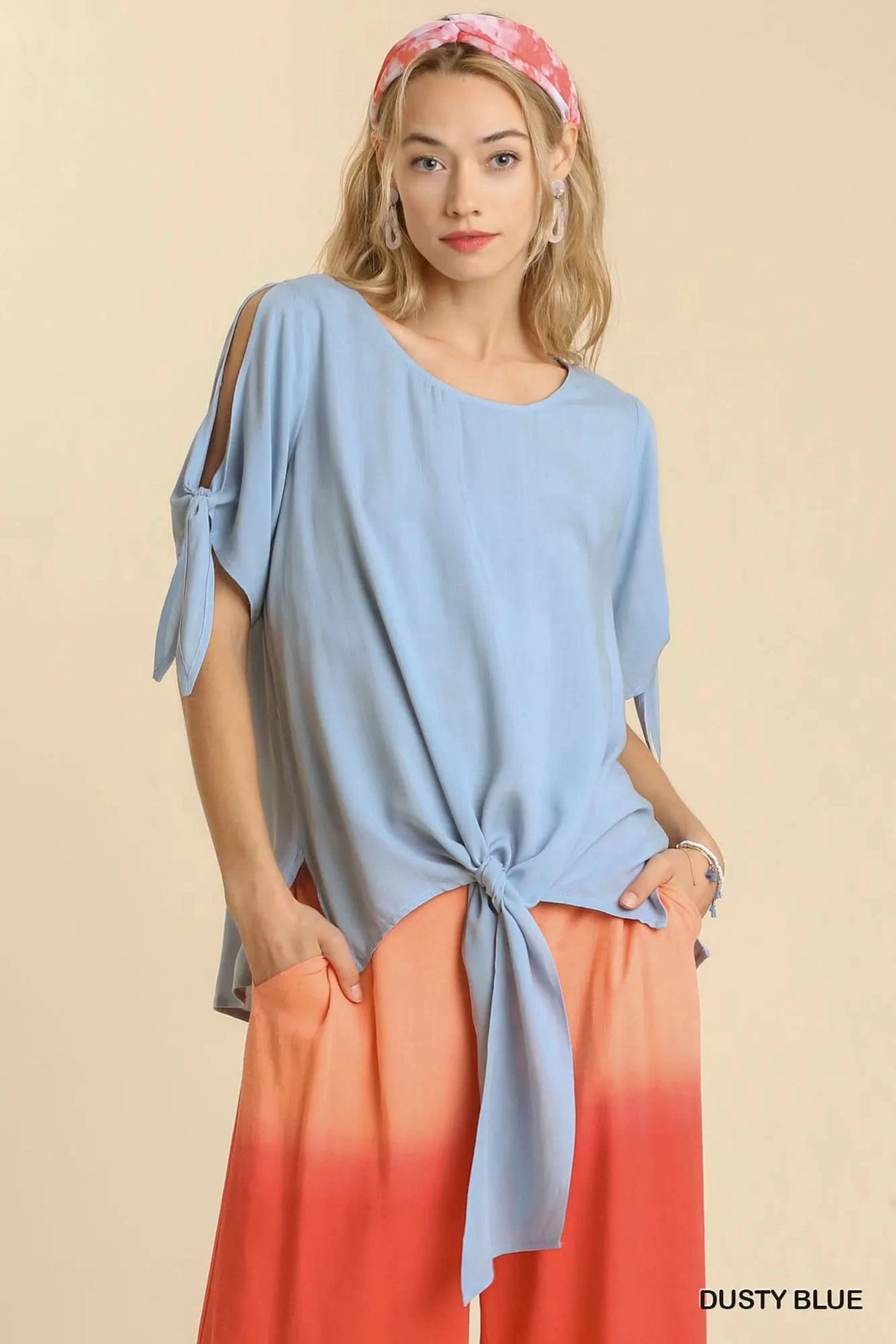 Umgee Cold Shoulder Short Sleeve Round Neck Top with Side Slits and Tie-able Knot Details - SwagglyLife Home & Fashion